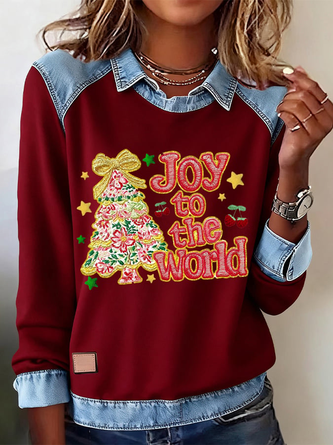 Women's Christmas Faith Print Casual Denim Top