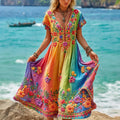 Women's Retro Hippie Floral Embroidered Cotton Linen V-neck Short Sleeve Long Dress