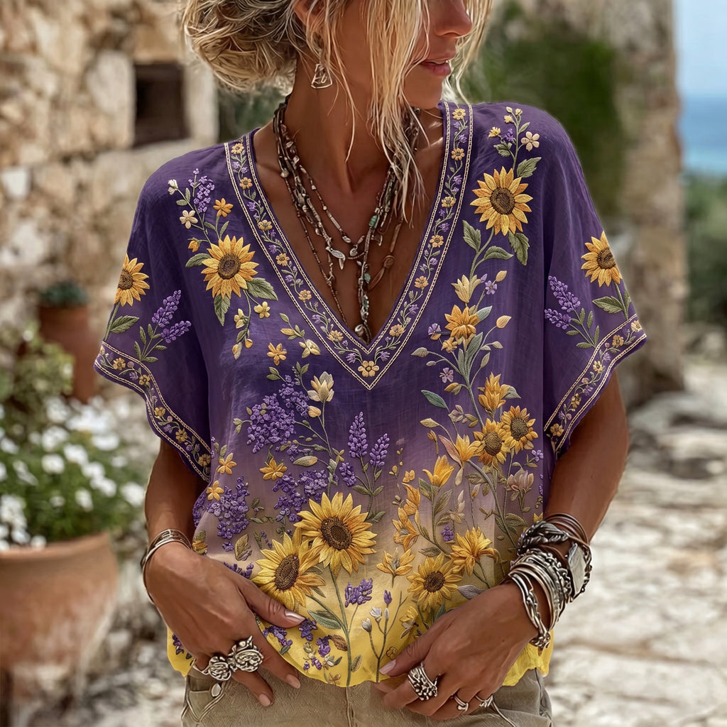 Women's Retro Sunflower Art Gradient V-neck Short Sleeve T-shirt