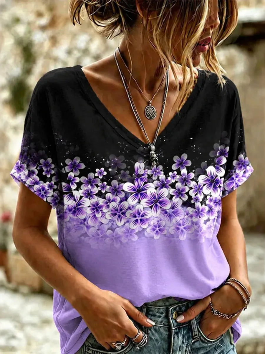 Women's Purple Floral Print And Alzheimer's Awareness Support V-neck T-shirt