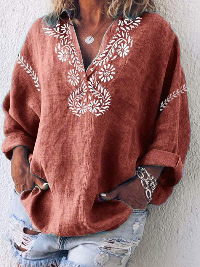 Women's Cotton And Linen Purple Floral V-Neck Top