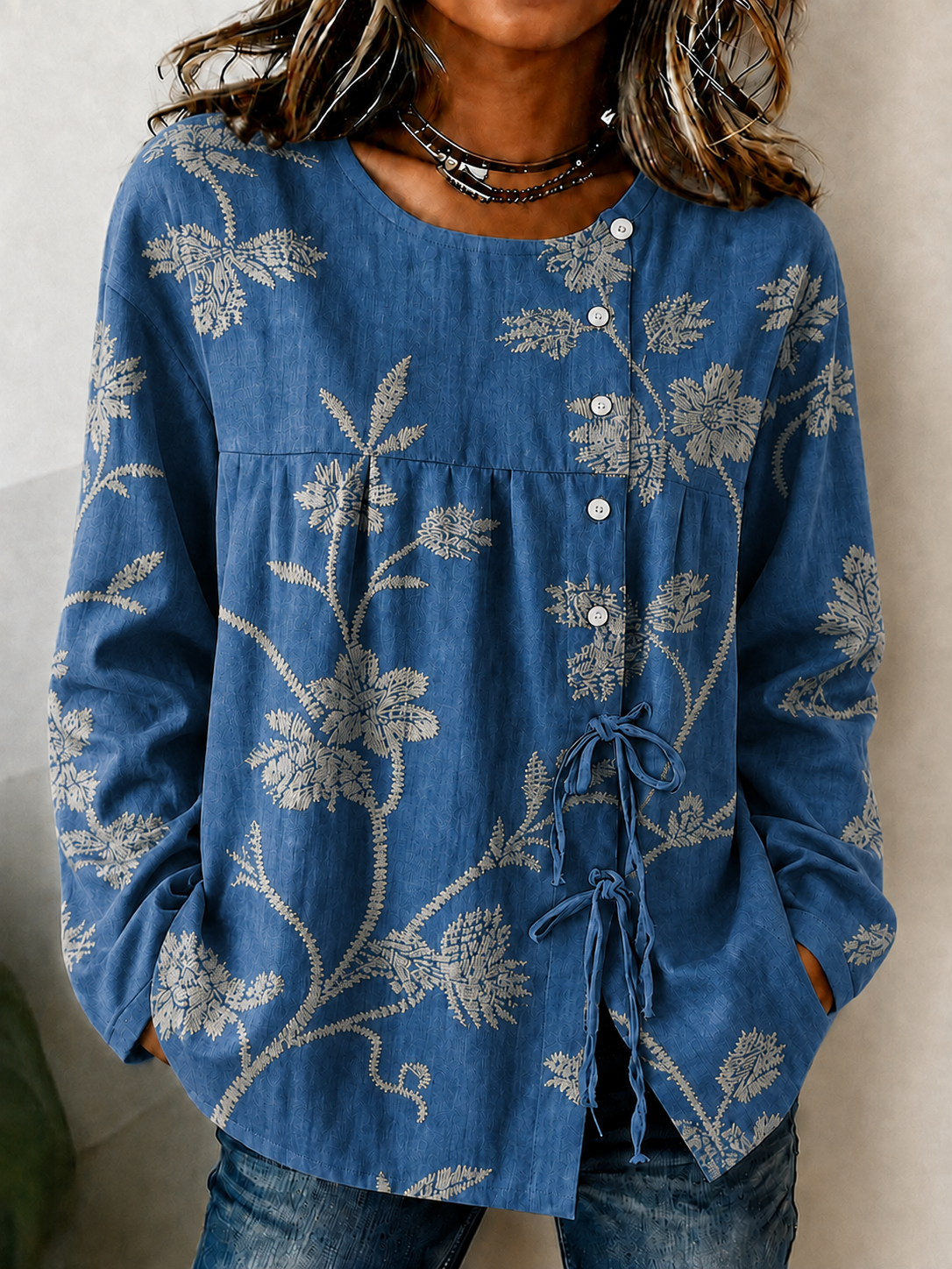Women'S Breast Cancer Promotion Pink Plant Art Printing Cotton Linen Long Sleeve Shirt