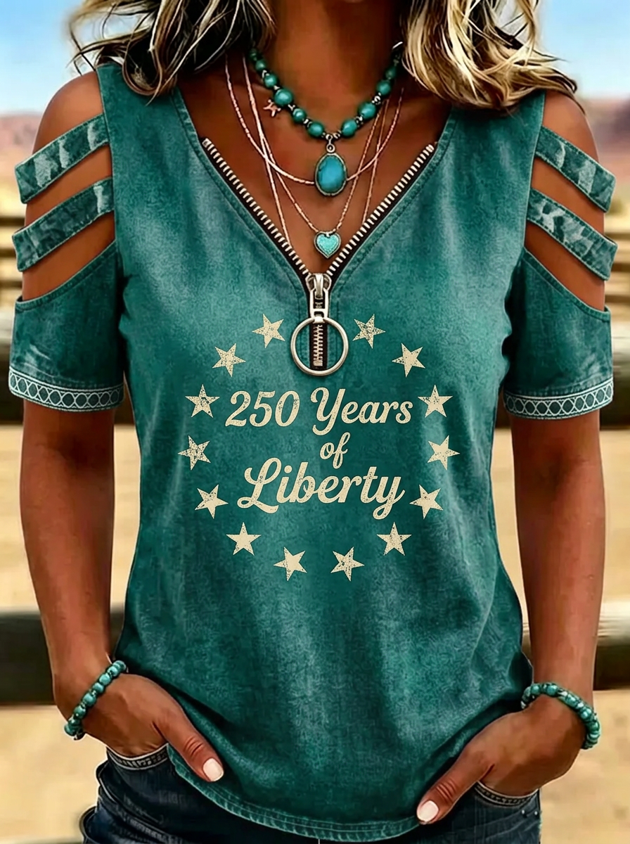 Women's Western Independence Day Liberty Stars Printed T-shirt