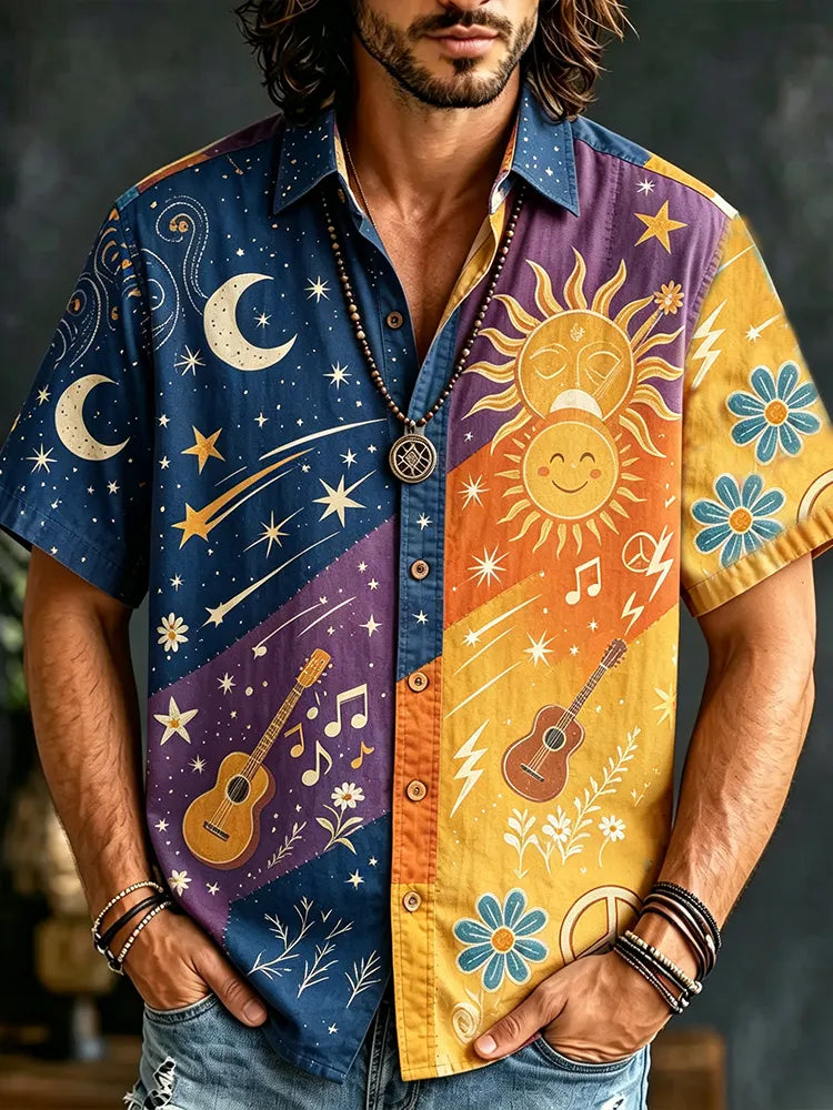 Men's Colorblock Short-sleeve Button-down Shirt With Celestial Sun, Moon, Stars, And Guitar Print