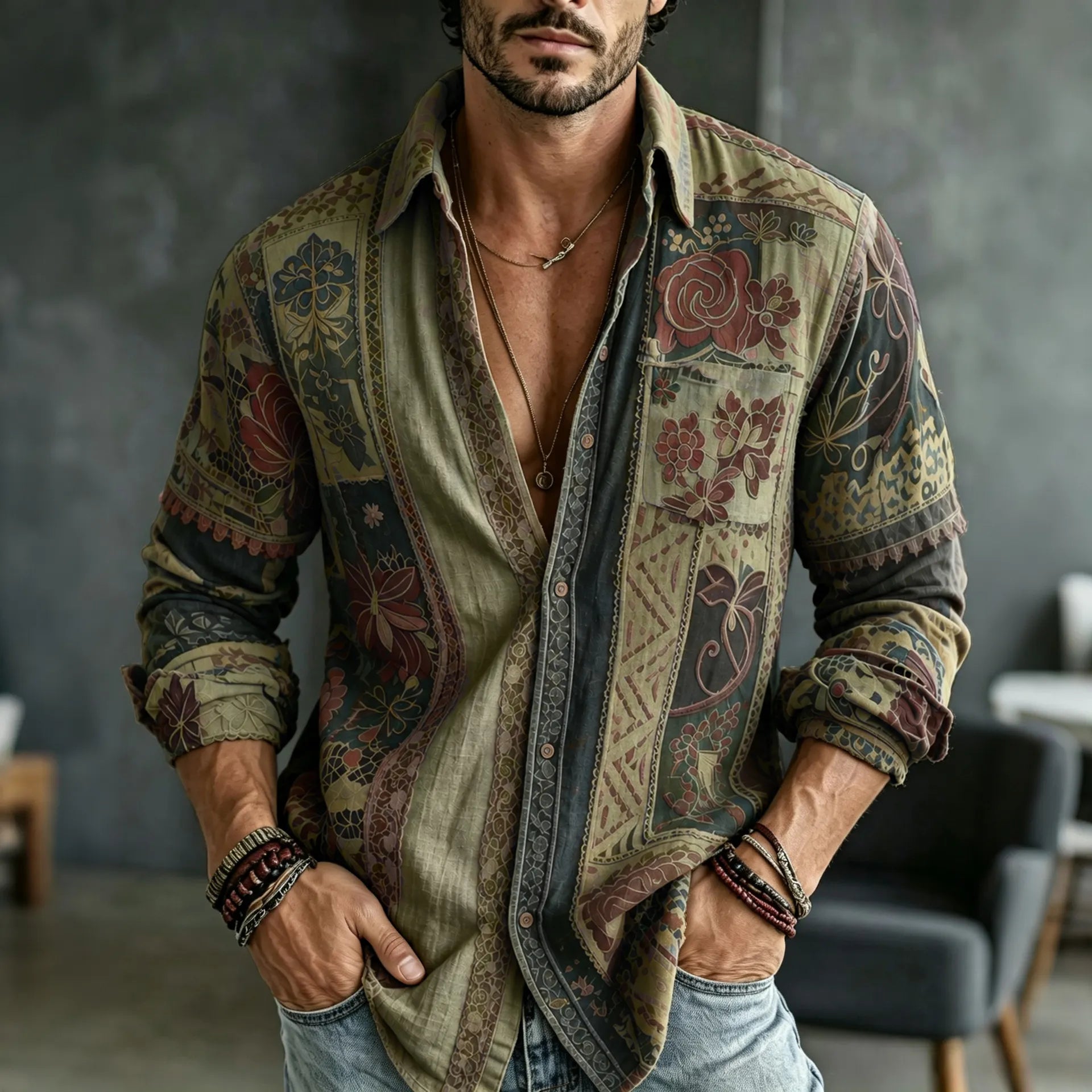 Men's Retro Floral  Patchwork Embroidered Art Print Flowy Linen Blend Casual Shirt