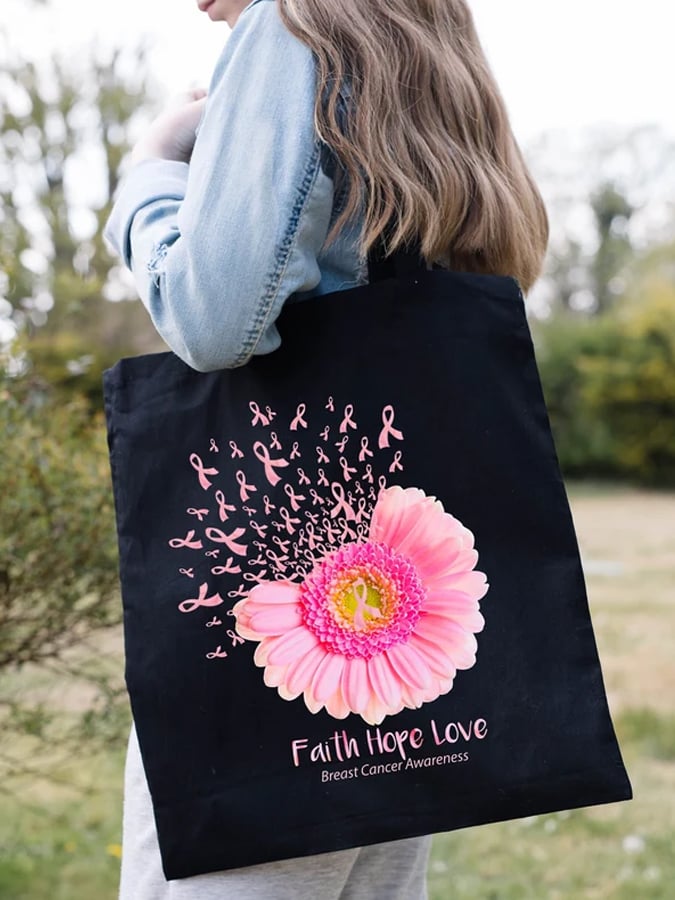 Pink Ribbon Sunflower Faith Hope Love Breast Cancer Awareness Warrior Canvas Bag