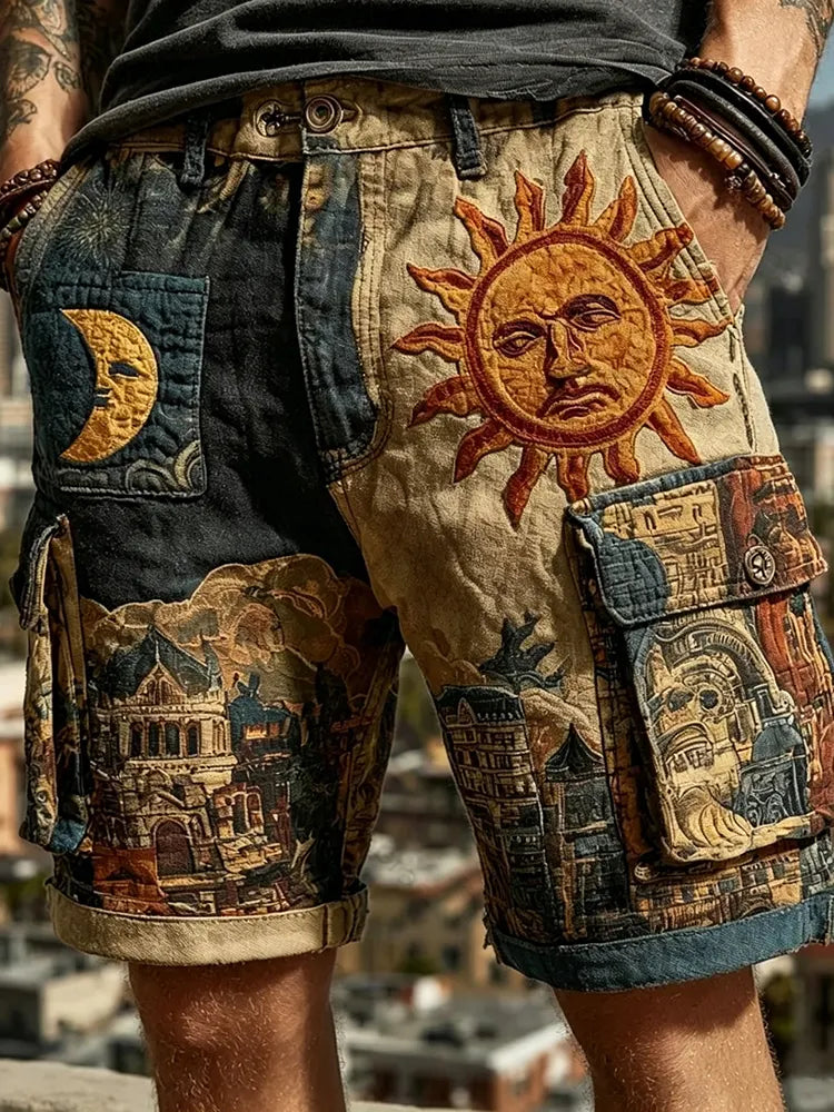 Men's Hippie Star And Moon Patchwork Art Print Work Clothes Shorts