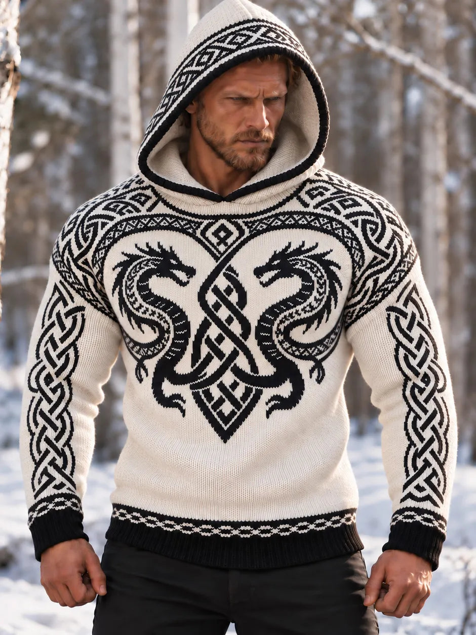 Men's Retro Viking Dragon Pattern Zip-up Cozy Hooded Sweater