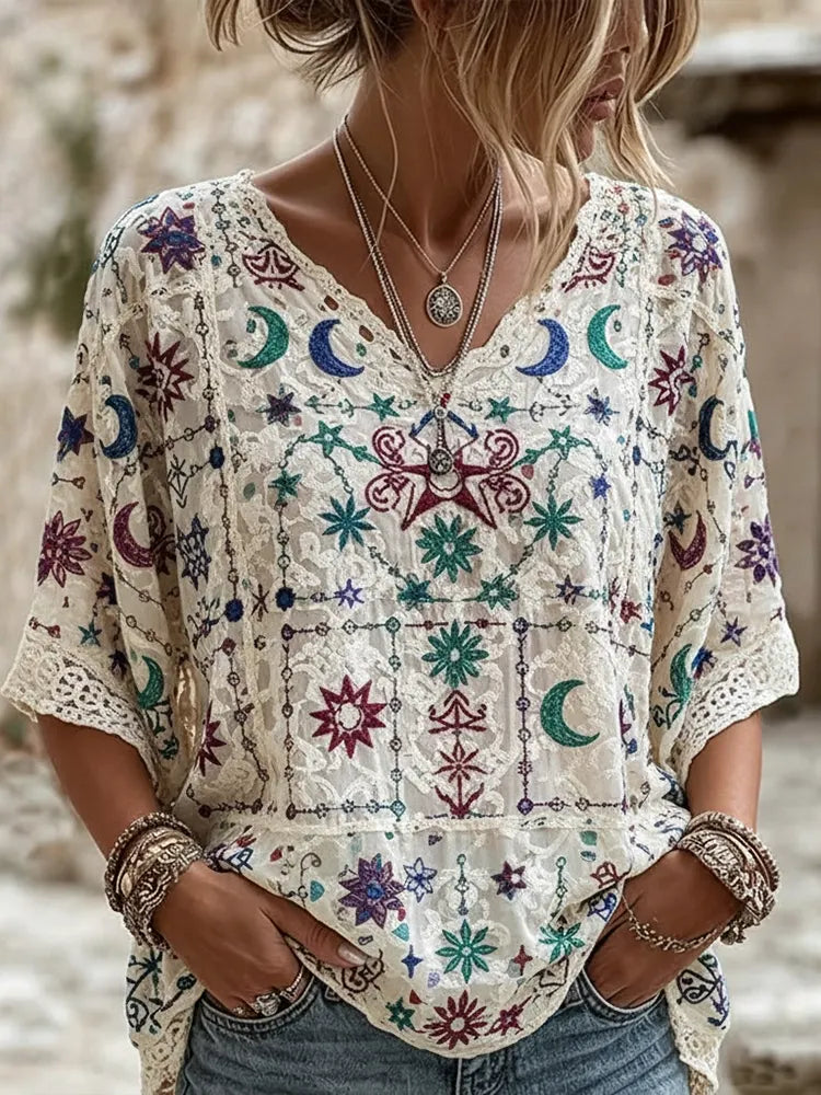 Boho-chic Women’s White Blouse With Mystic Celestial Embroidery
