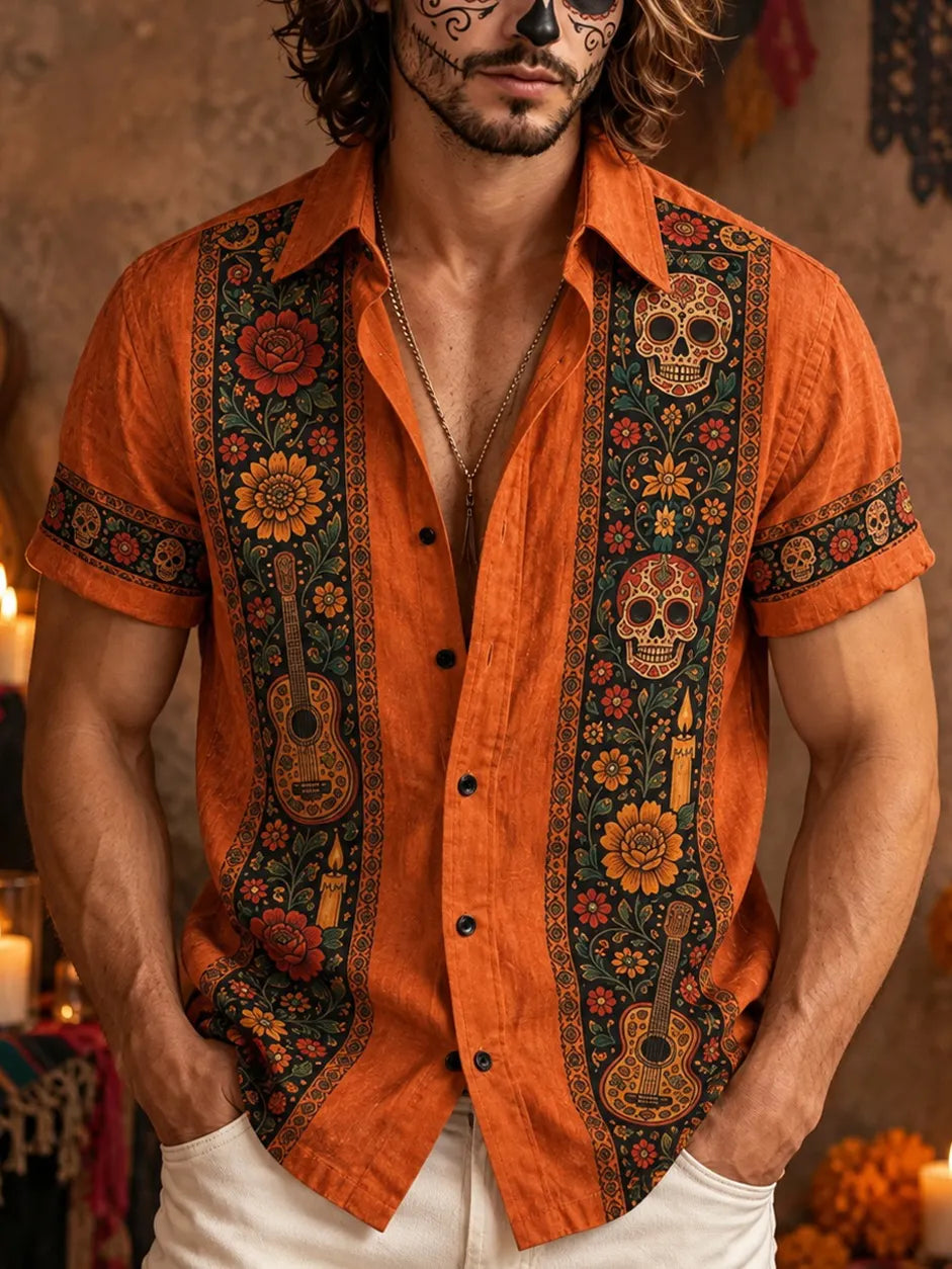 Men‘s Retro Mexico Day Of The Dead Sugar Floral Skull And Guitar Graphics Printed Shirt
