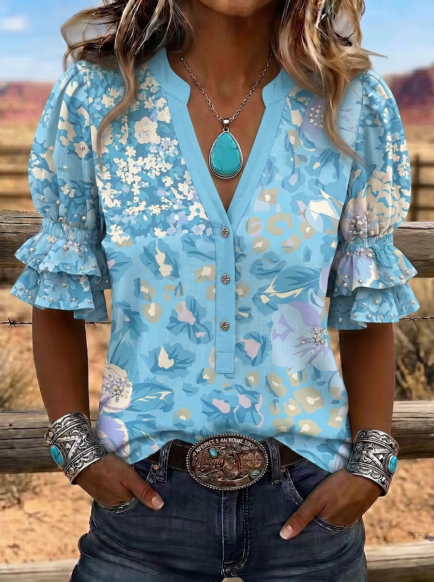 Women's Western Vintage Floral Leopard Printed Ruffle Sleeve Top