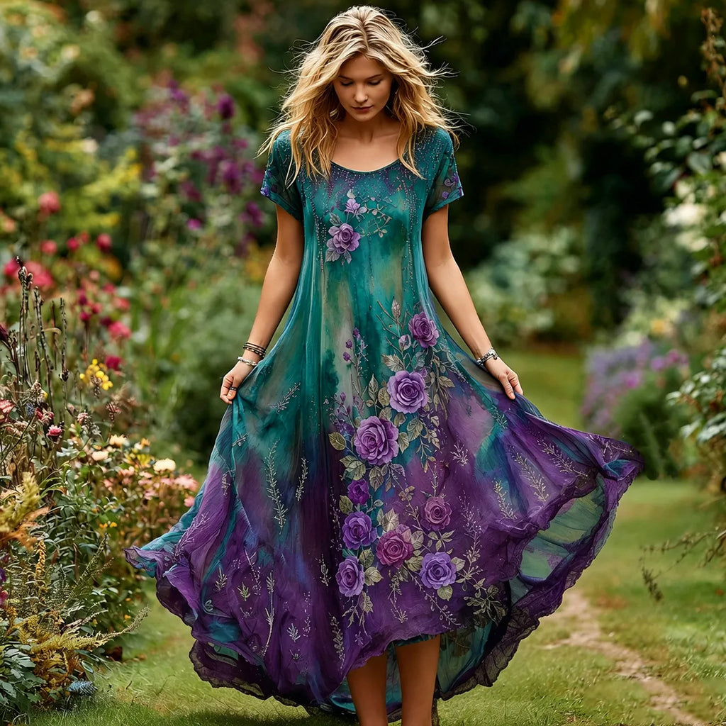 Women's Vintage Floral Embroidery Gradient Pattern Round Neck Dress