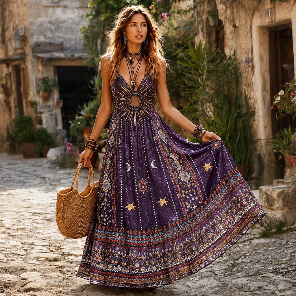 Women's Hippie With Sun And Stars Retro Fiowy Slip Dress