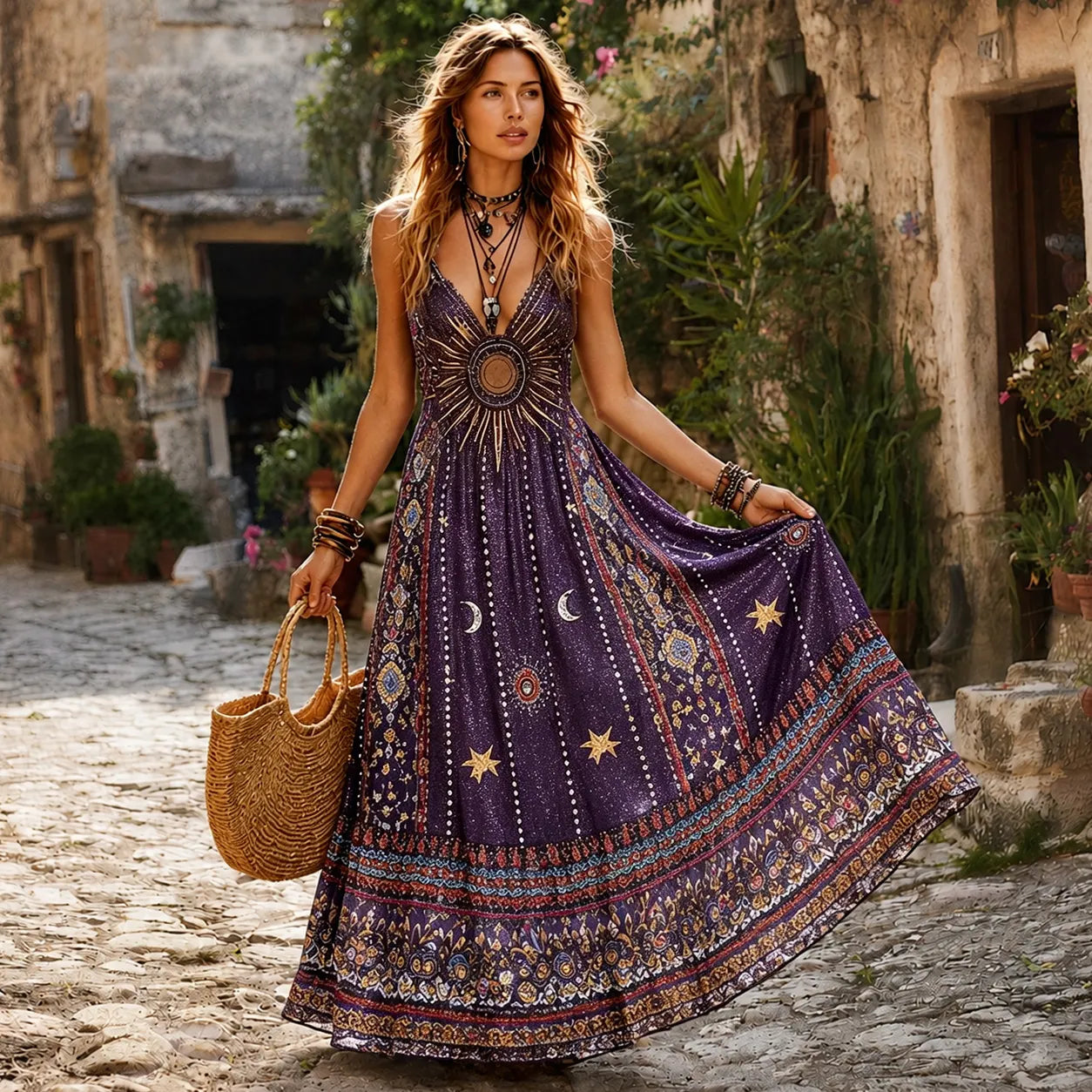 Women's Hippie With Sun And Stars Retro Fiowy Slip Dress