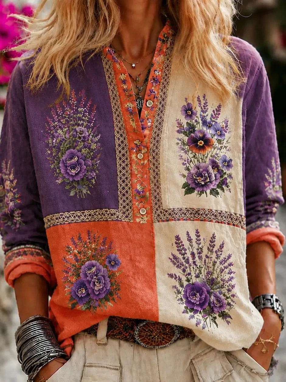 Women's Retro Purple Floral Color-blocked Casual Long-sleeved Shirt
