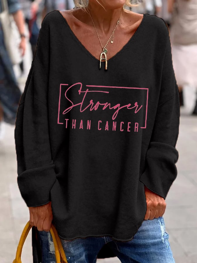 Women's Stronger Than Breast Cancer Awareness Printed Long Sleeve V-Neck Top