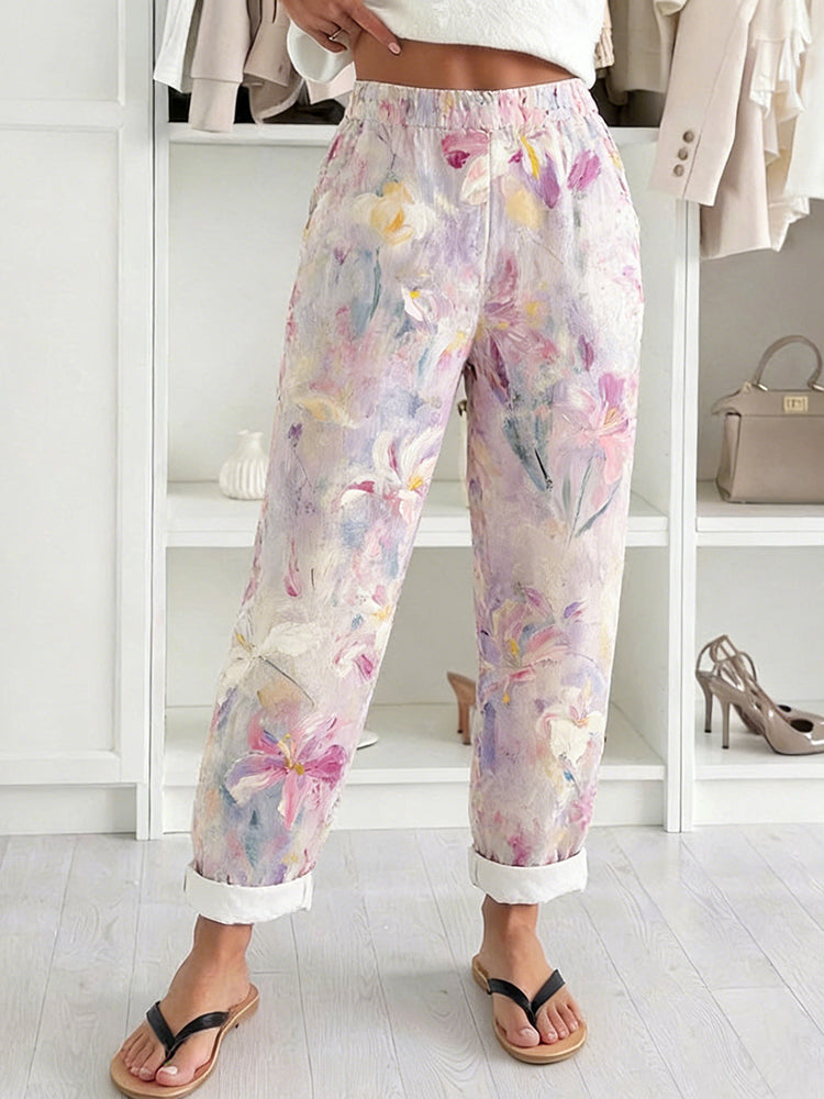 Vintage Lily Flowers Art Pattern Comfy Linen Pants