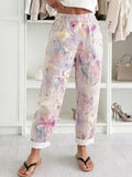 Vintage Lily Flowers Art Pattern Comfy Linen Pants