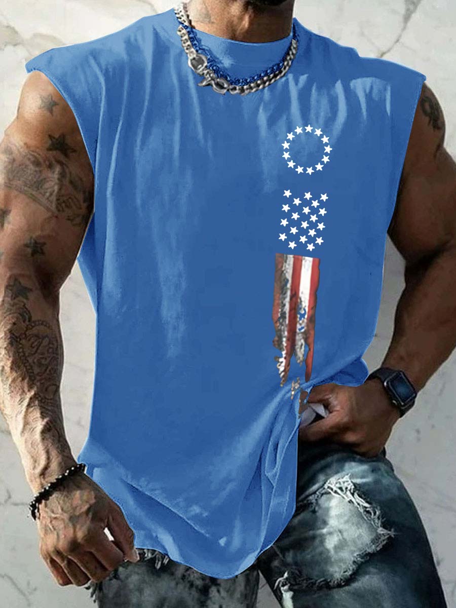 America Flag Pattern Round Neck 100% Cotton Tank Top