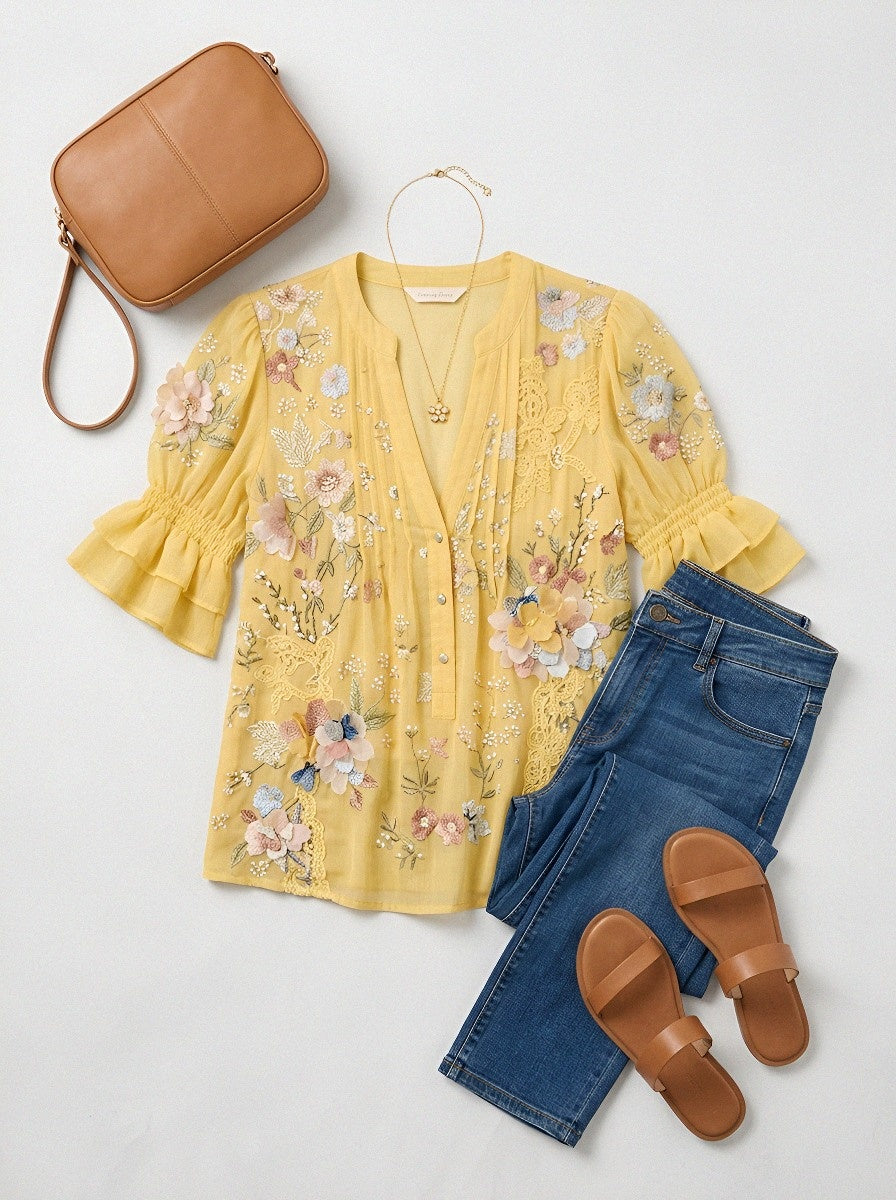 Women's Western Vintage Floral Embroidered Printed Top