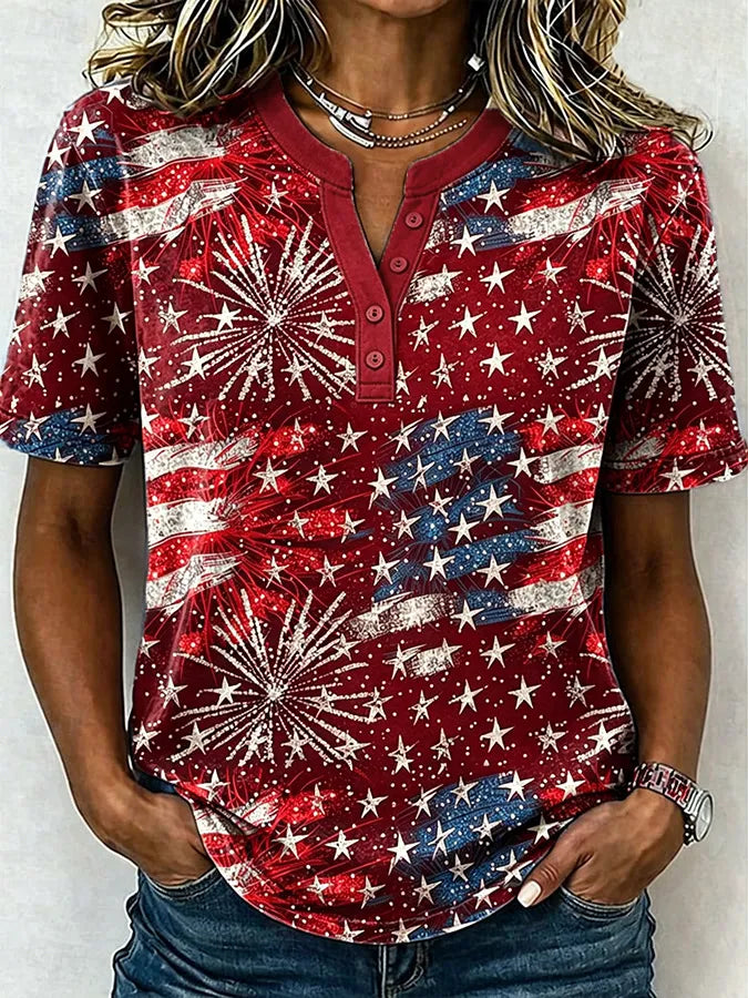 Female Leisure Patriotic Fireworks Flag Button T-Shirt