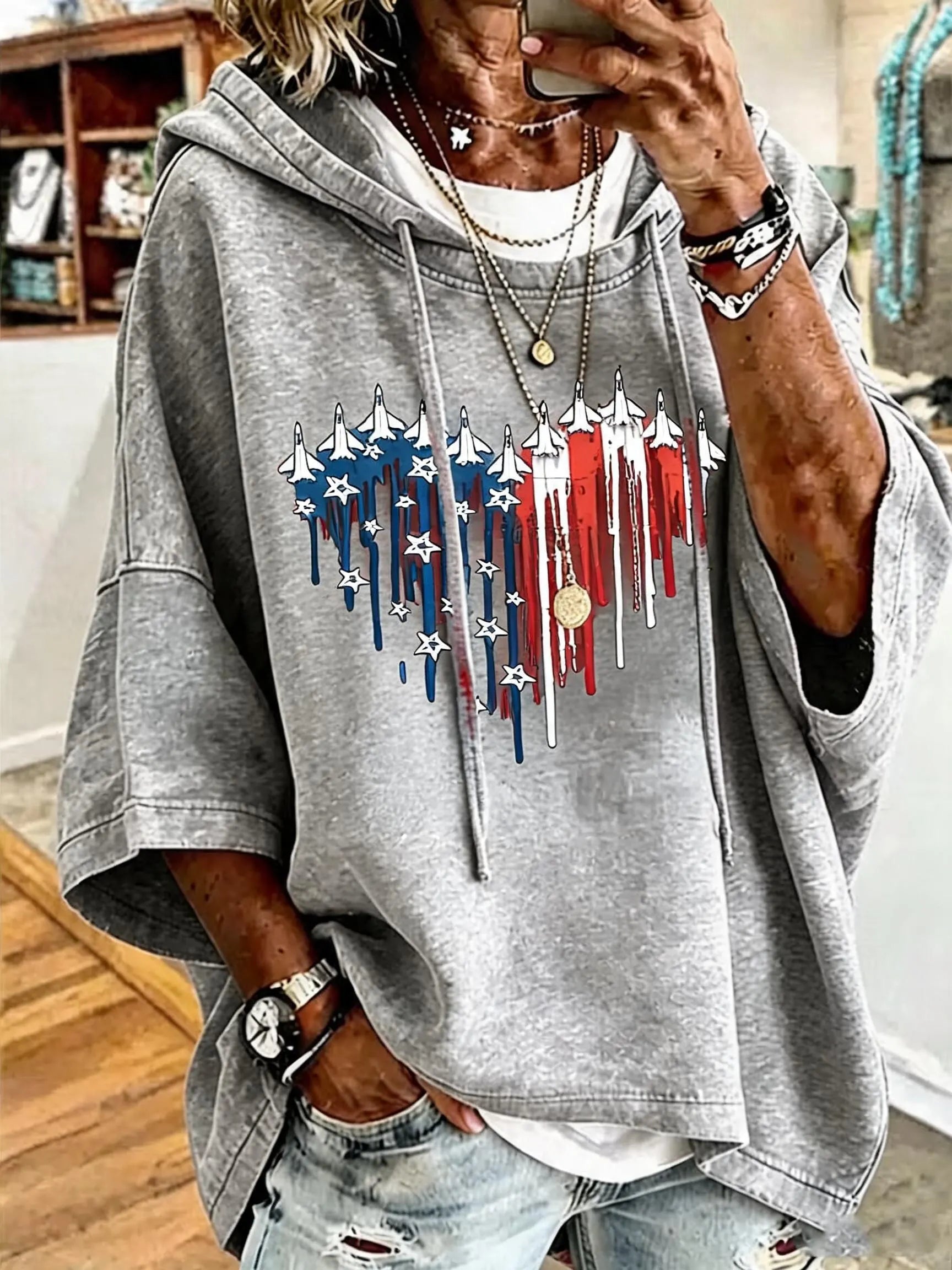 Patriotic Jet Pattern Oversized Hoodie