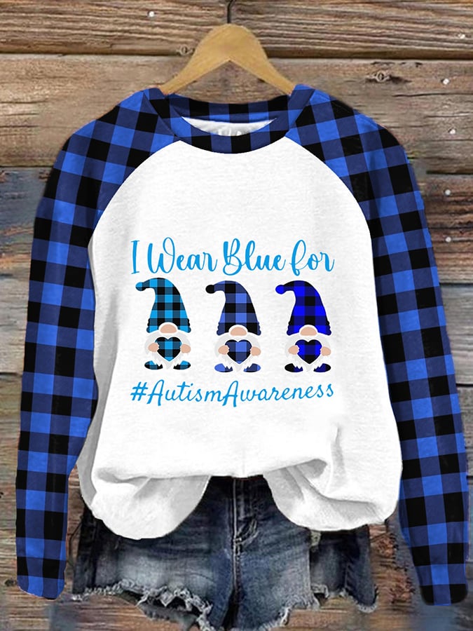 Retro Autism Awareness Gnomes Plaid I Wear Blue For Autism Awareness Print Sweatshirt