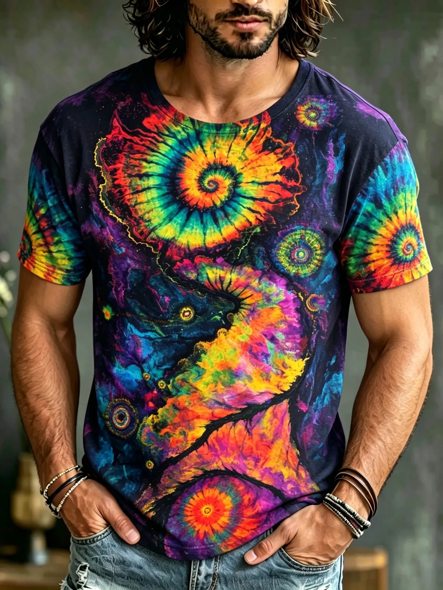 Men's Retro Hippie Tie-dye Art Print Casual T-shirt