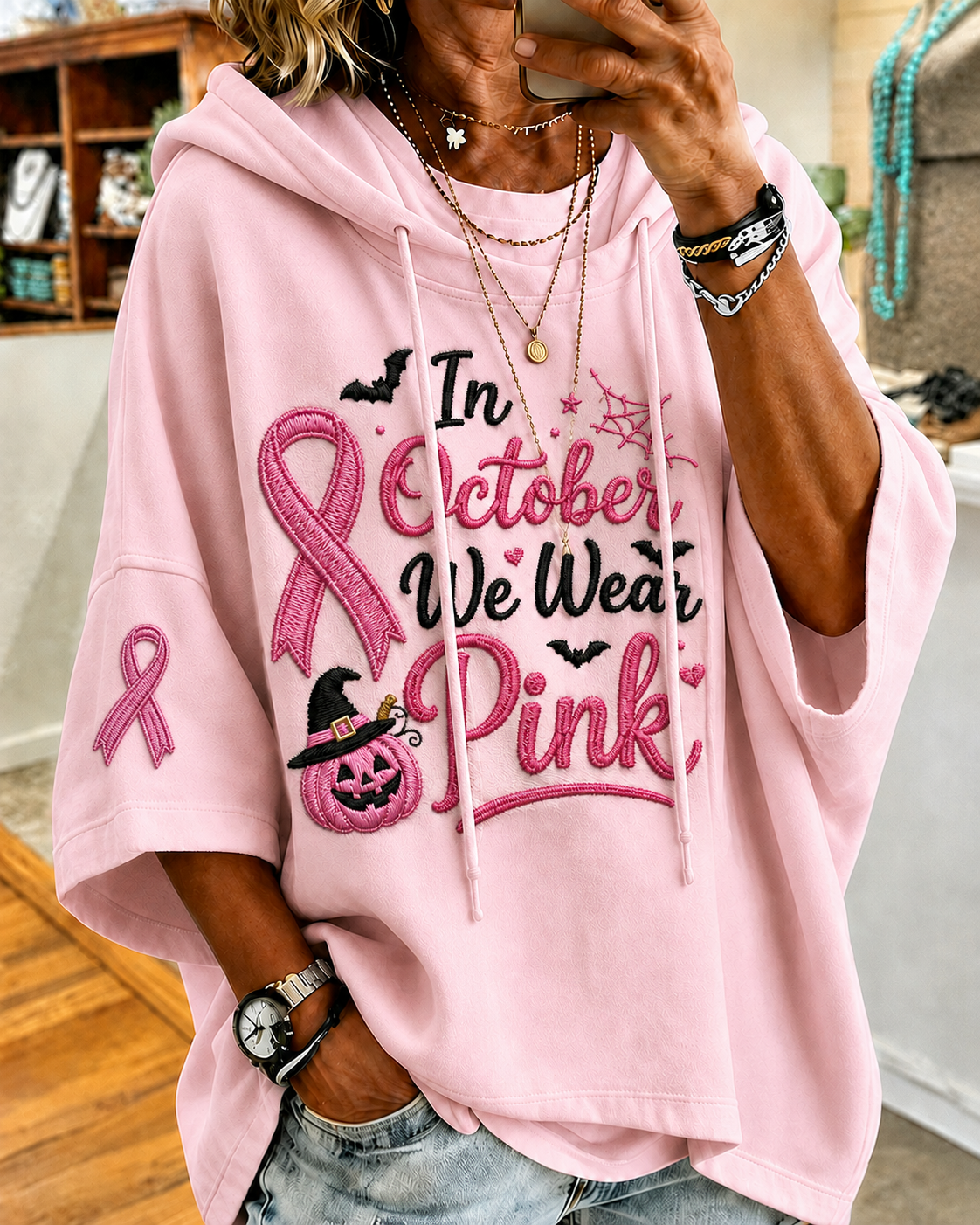 Women's Loose In October We Wear Pink Hoodie