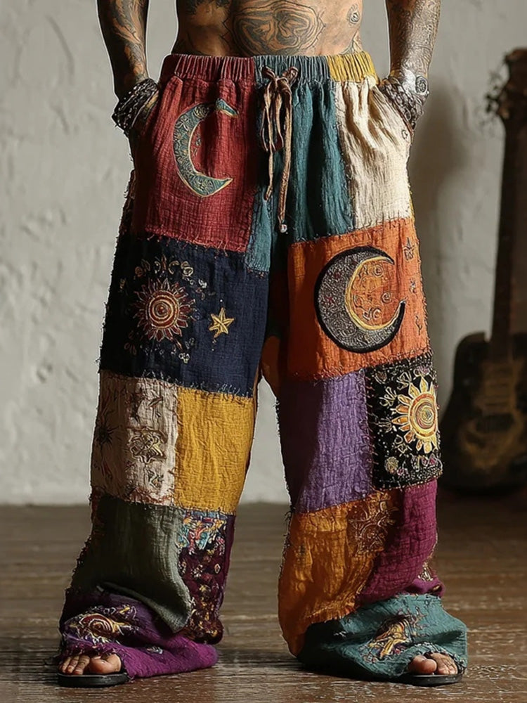 Men's Hippie Mysterious Sun Moon Colorblock Print Casual Pantsnts
