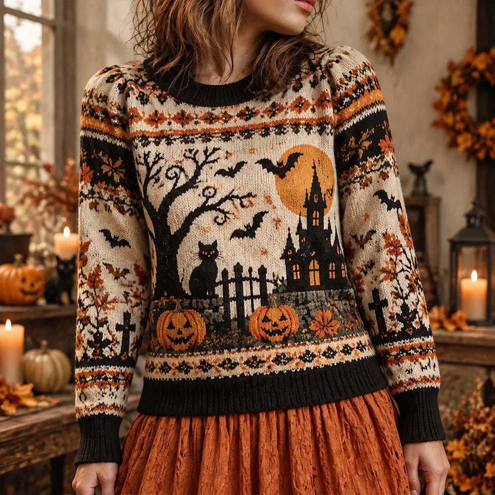 Women's Halloween Haunted Castle Black Cat Pumpkin Crewneck Sweater