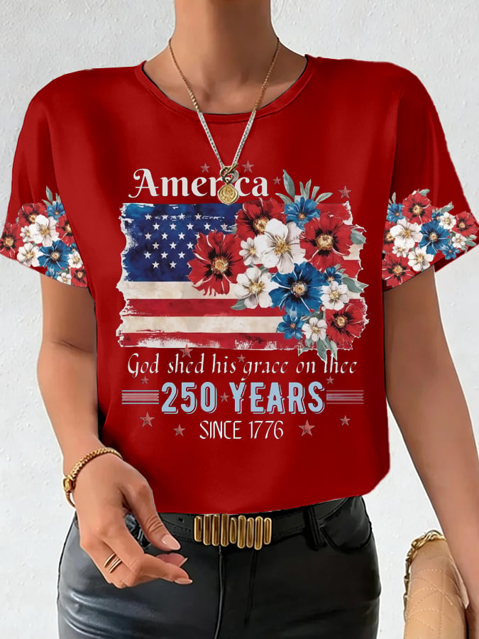 Women's 250th Anniversary National Flag Floral Print Casual T-Shirt