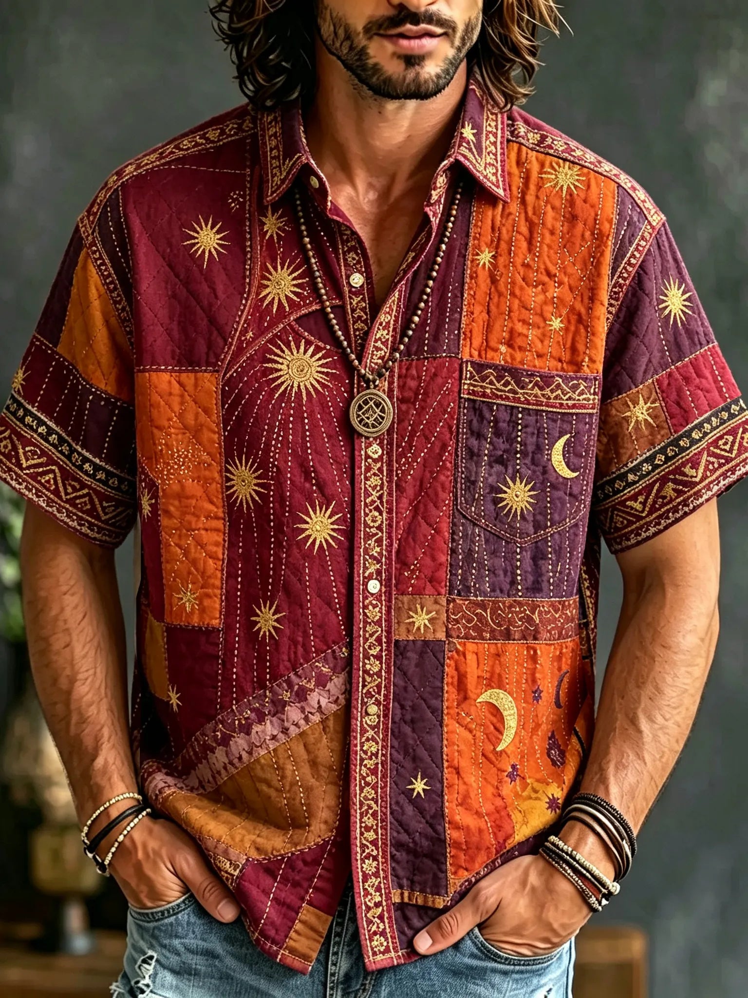 Men's Hippie Retro Patchwork Sun And Moon Design Short-sleeved Shirt