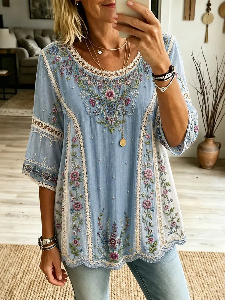 Women's Vintage Floral Embroidered Art Pattern Crew Neck Linen Blend T-shirt
