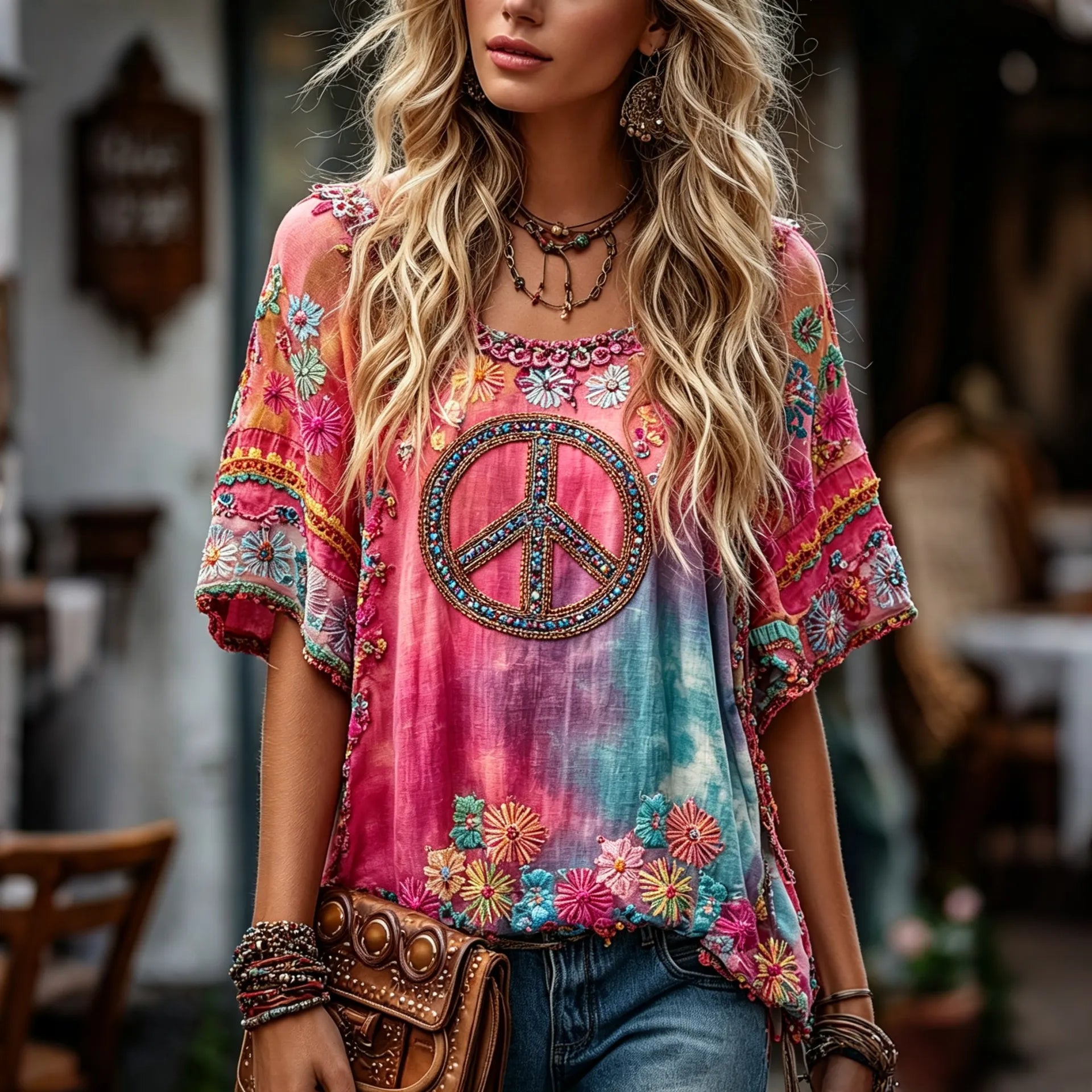 Women's Hippie Peace Floral Art Short Sleeve Linen T-shirt