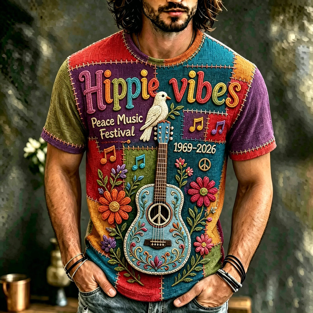 Men's Vintage 60s Music In Patchwork Art Hippie Crew Neck T-shirt
