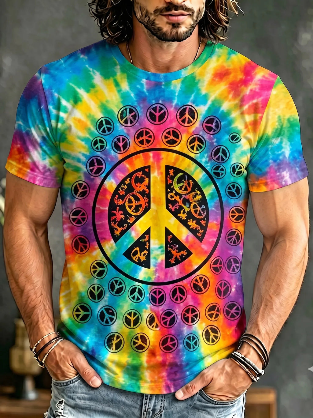 Men's Retro Hippie Tie Dye Peace Art Print Crew Neck Short Sleeve T-shirt