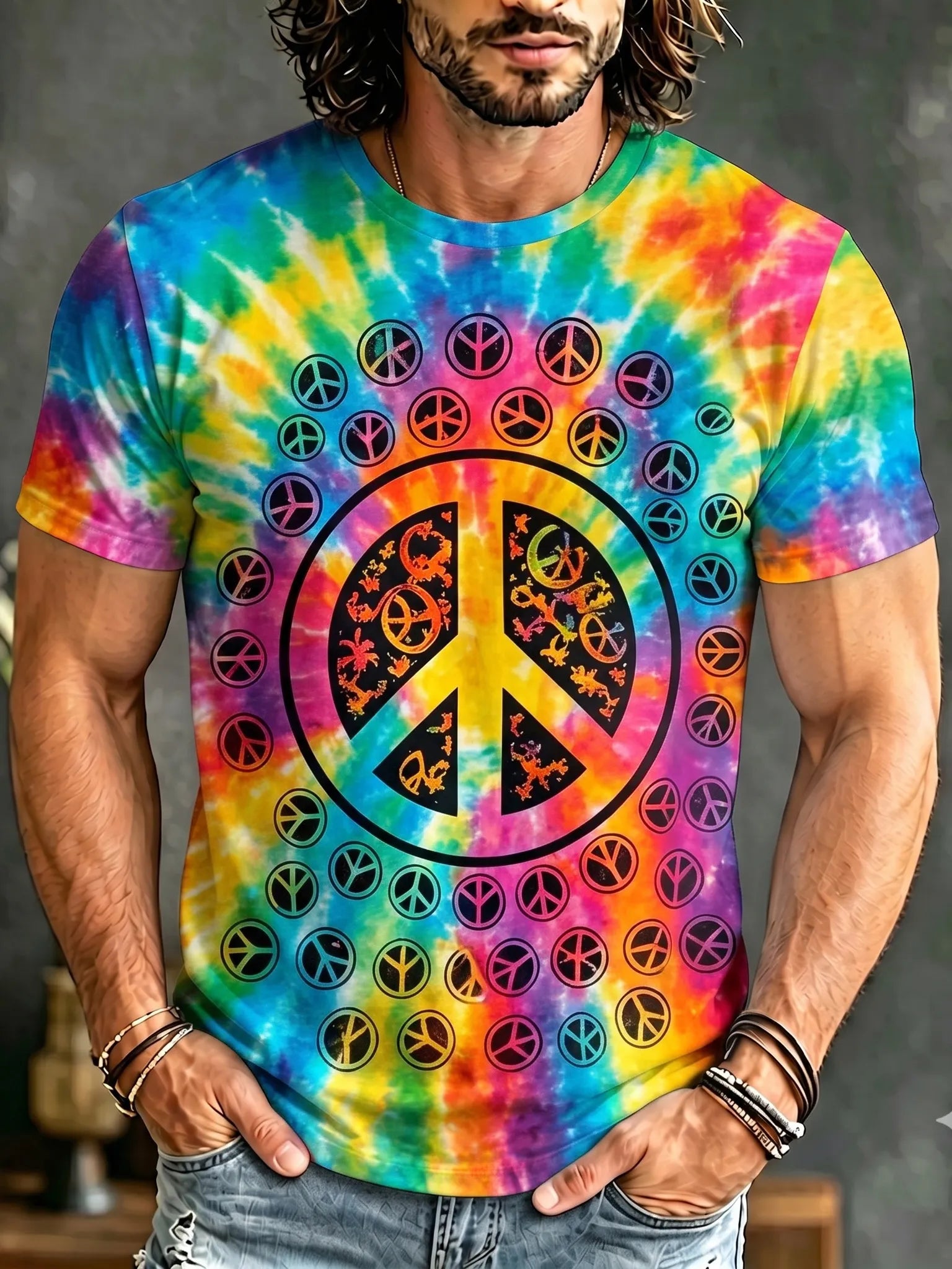 Men's Retro Hippie Tie Dye Peace Art Print Crew Neck Short Sleeve T-shirt