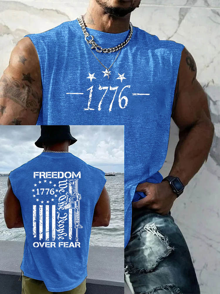 1776 Freedom Over Fear Pattern Round Neck 100% Cotton Tank Top