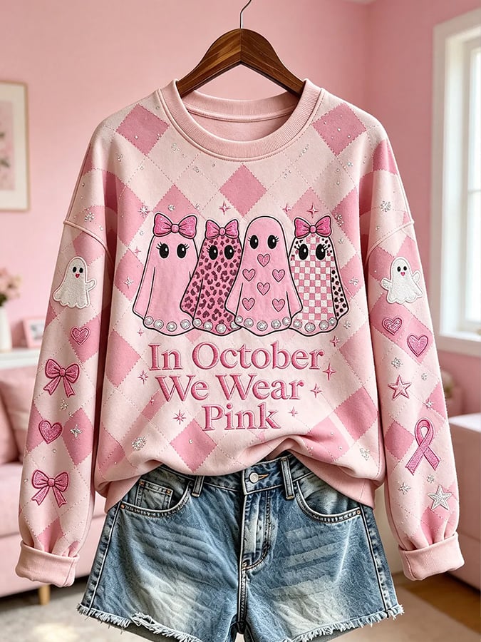 Women's "October Pink Ribbon" Breast Cancer Prevention Campaign Halloween Casual Regular Sweatshirt