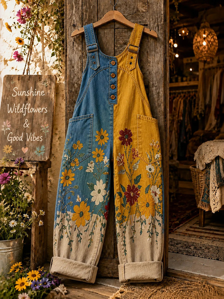 Women's Retro Color Block Floral Print Casual Cotton Linen Overalls