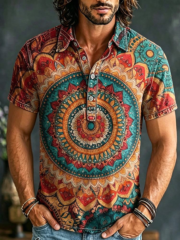 Men's Vintage Mandala Print Collared Henley Shirt