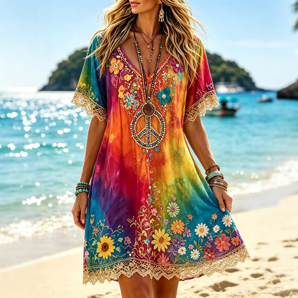 Women's Hippie Floral Print Beach Vacation V-neck Cotton Linen Dress