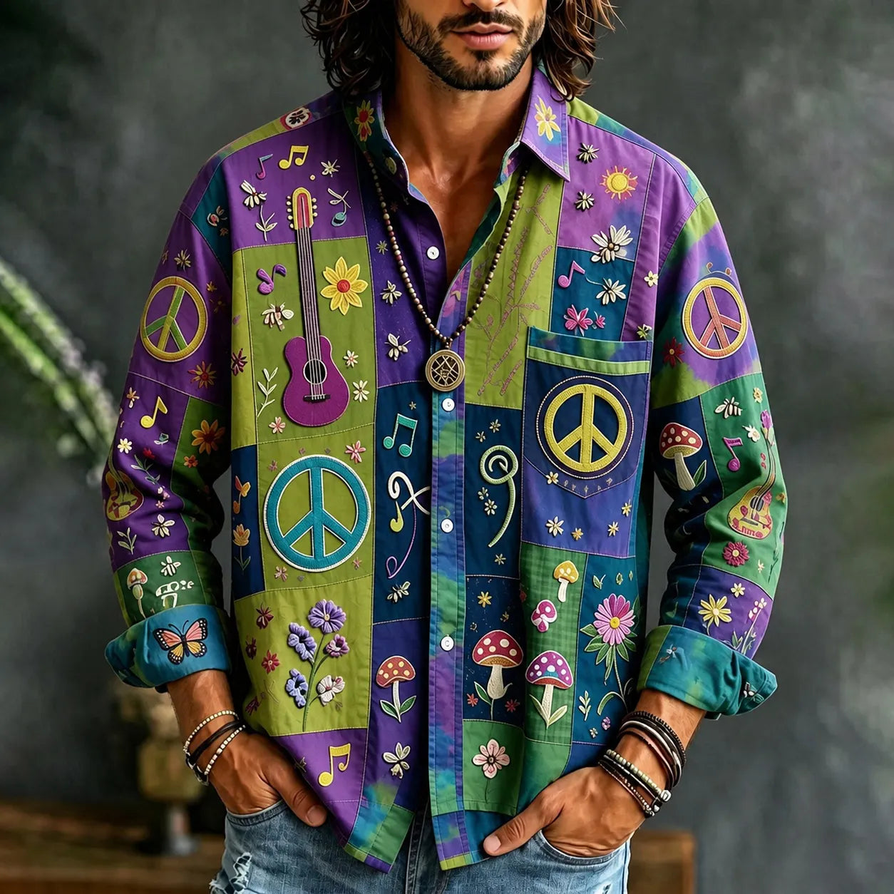 Men's Peace Sign And Guitar Hippie Patchwork Print Long Sleeves Shirt