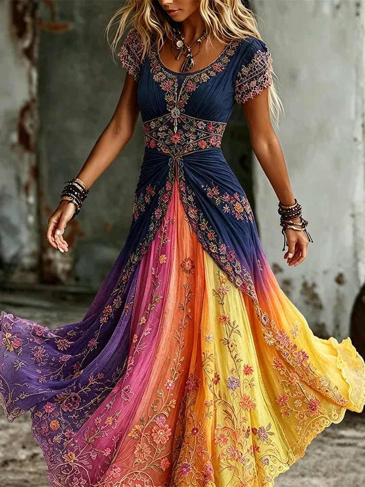 Women's Ethnic Floral Gradient Pattern Comfortable Round Neck Dress