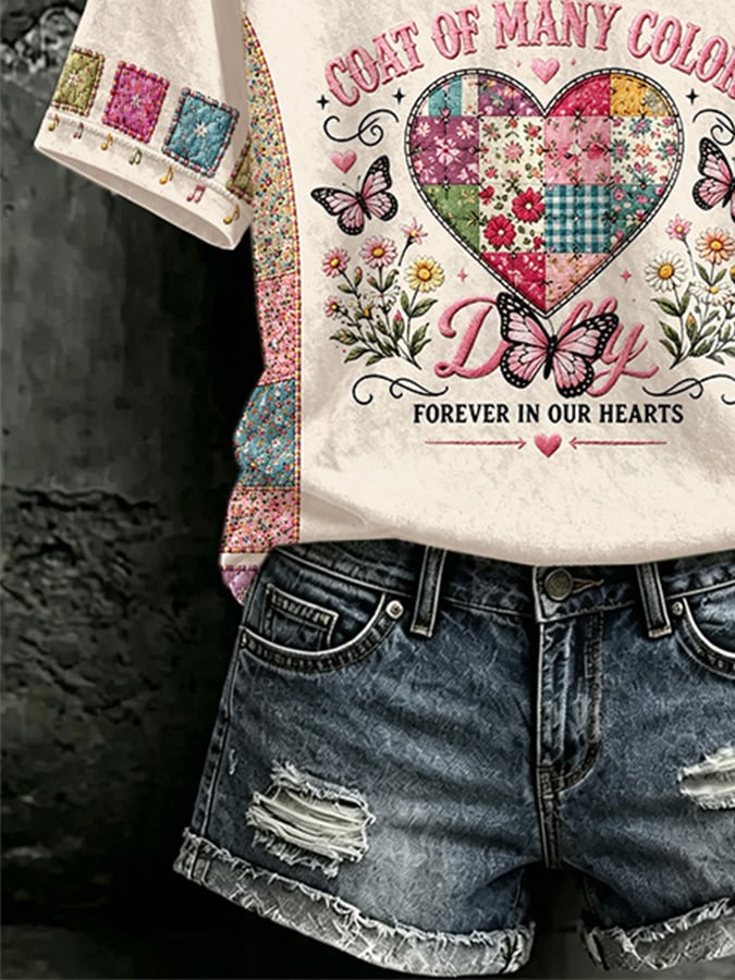 V Neck Retro Coat Of Many Colors Forever In Our Hearts Print T-Shirt