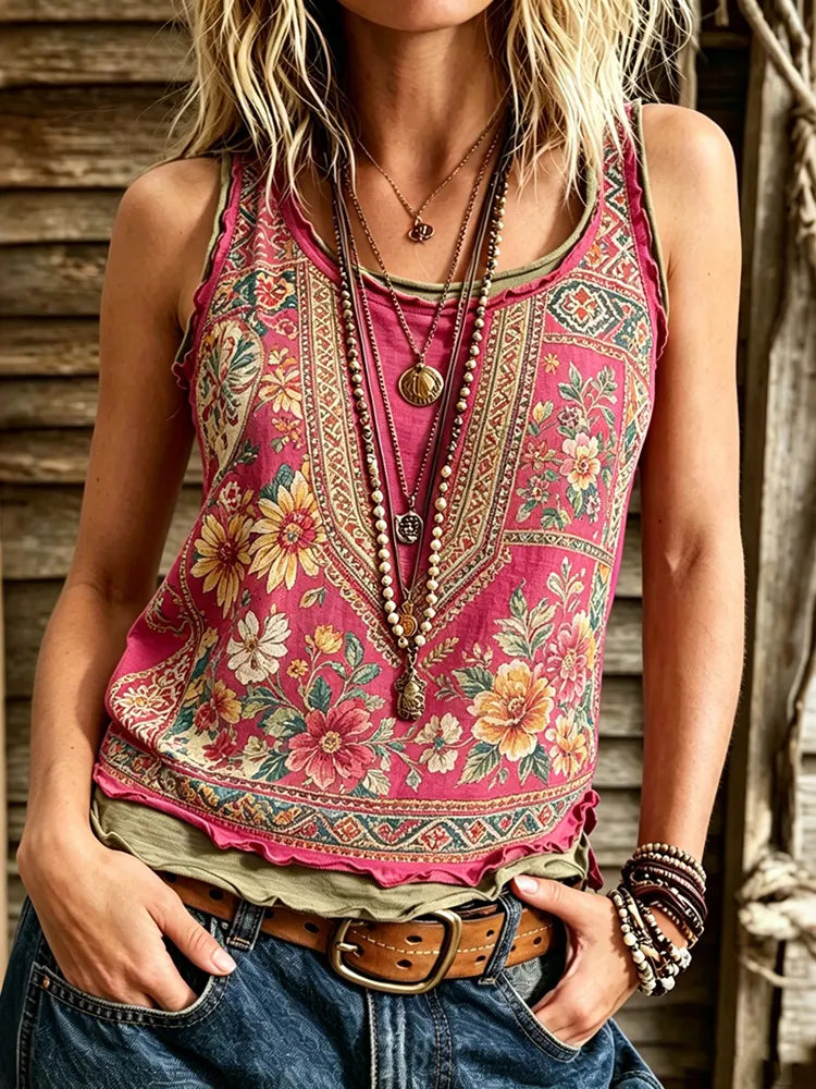 Women's Retro Floral Pattern Crew Neck Tank Top