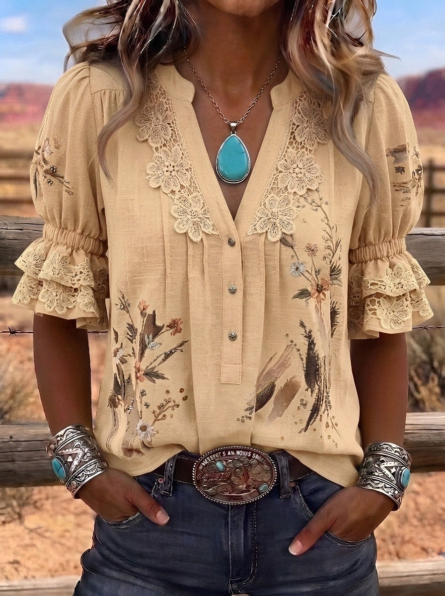 Women's Western Vintage Floral Lace Trimmed Printed Top