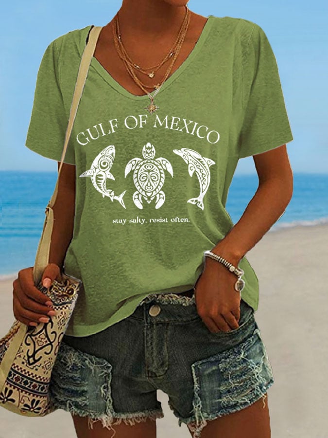 Women's Retro Golfo De Mexico Stay Salty Resist Often Print T-Shirt