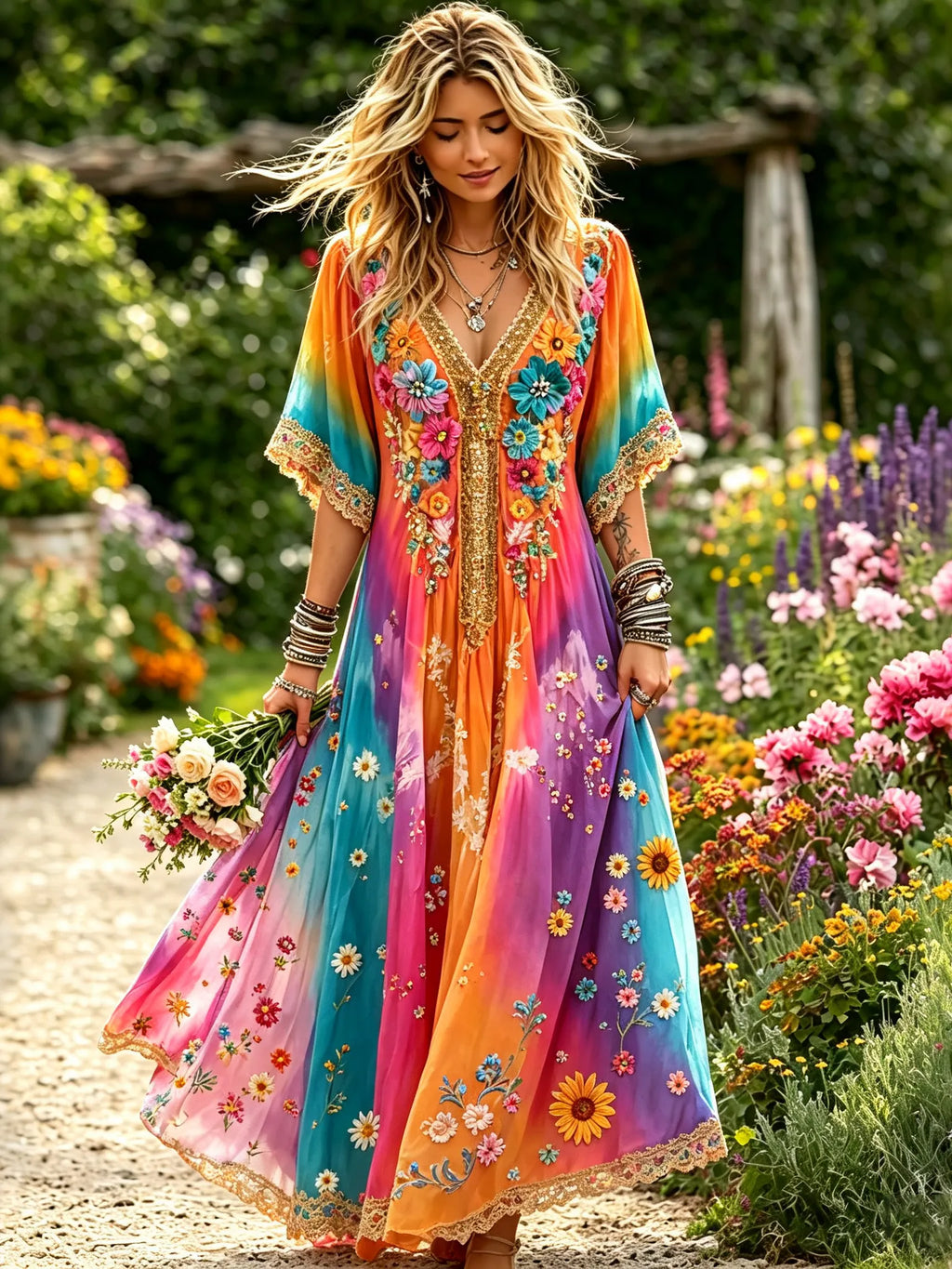 Women's Hippie Rainbow Floral Design Vacation V-neck Cotton Linen Maxi Dress